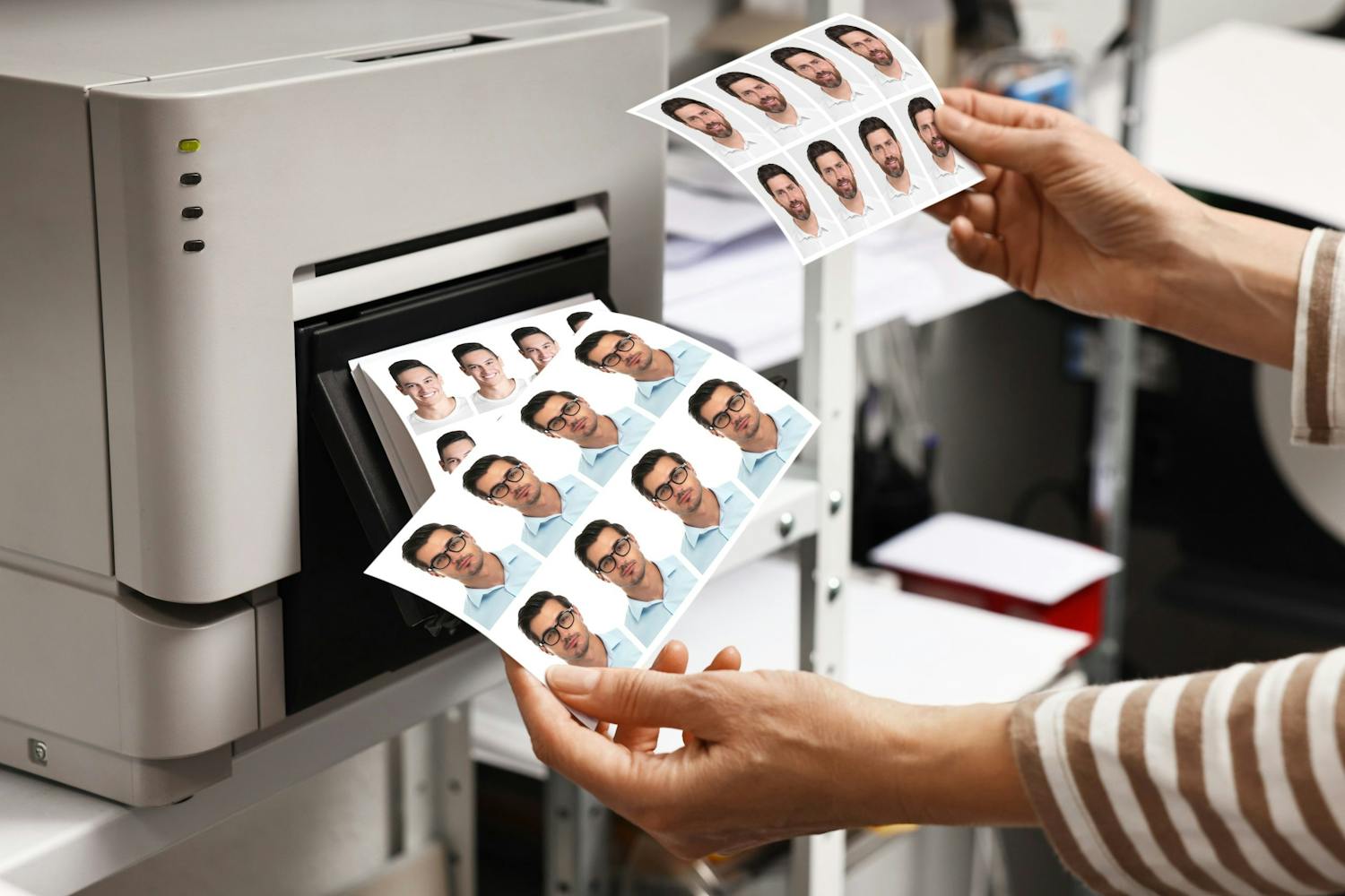 Worker,With,Passport,Photos,Of,Men,Near,Modern,Printer,Indoors, Mange ens, printede billeder